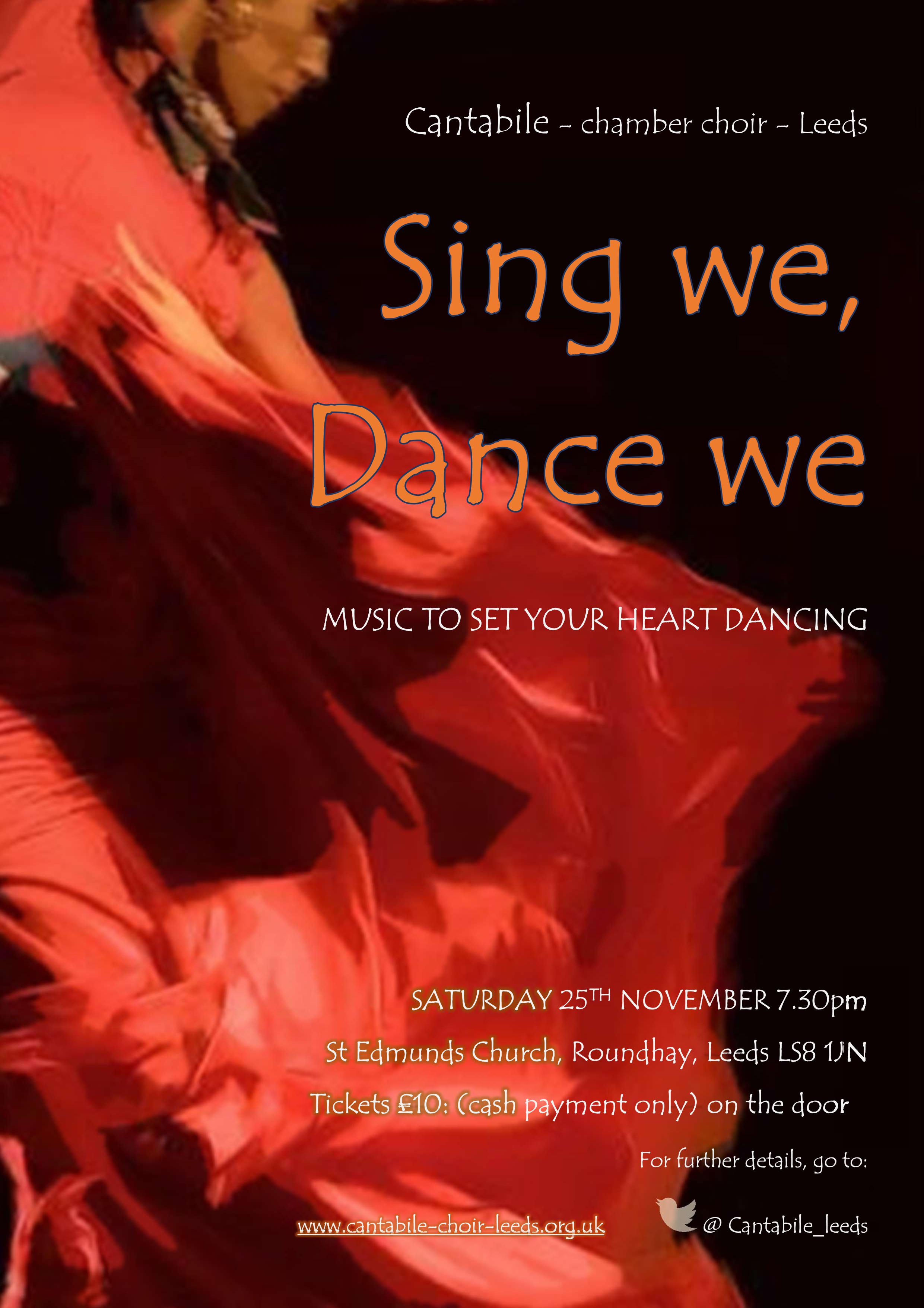Sing we, Dance we, Evening concert flyer November 2023, all details in text above, background picture is a blurred painting of a flamenco dancer mostly in red with a dark background.